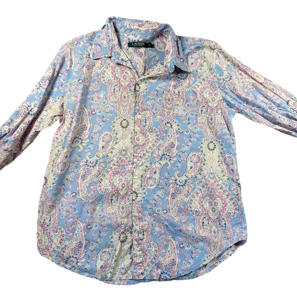 VTG Lauren Ralph Lauren Pajama 2pc Womens M Blue Paisley Cotton Blend PJs capri - Picture 3 of 12